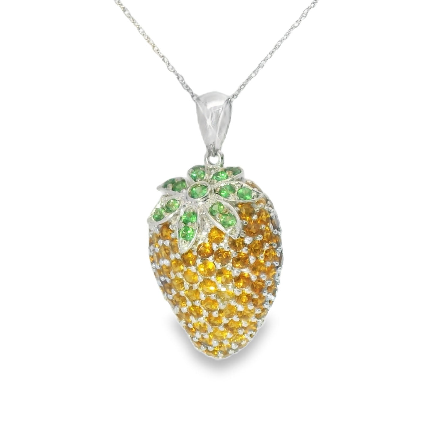 Gorgeous 14K White Gold Orange Citrine Tsavorite Strawberry Pendant Necklace - GGEMSonline