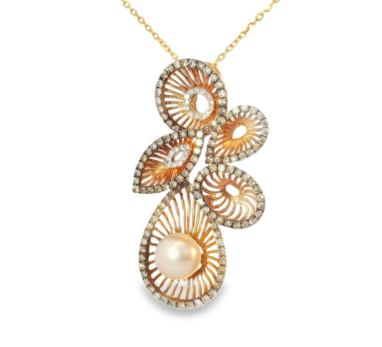 Magnificent 18K Rose Gold Champagne Diamond Pearl Pendant Necklace