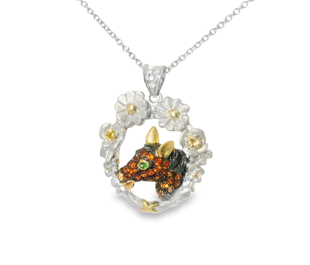 Beautiful Estate 14K White Gold Diamond Orange Sapphire Horse Pendant Slide