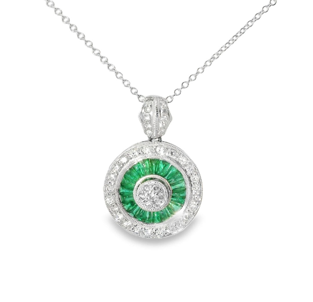 18K White Gold Diamond Baguette Emerald Designer Pendant Necklace