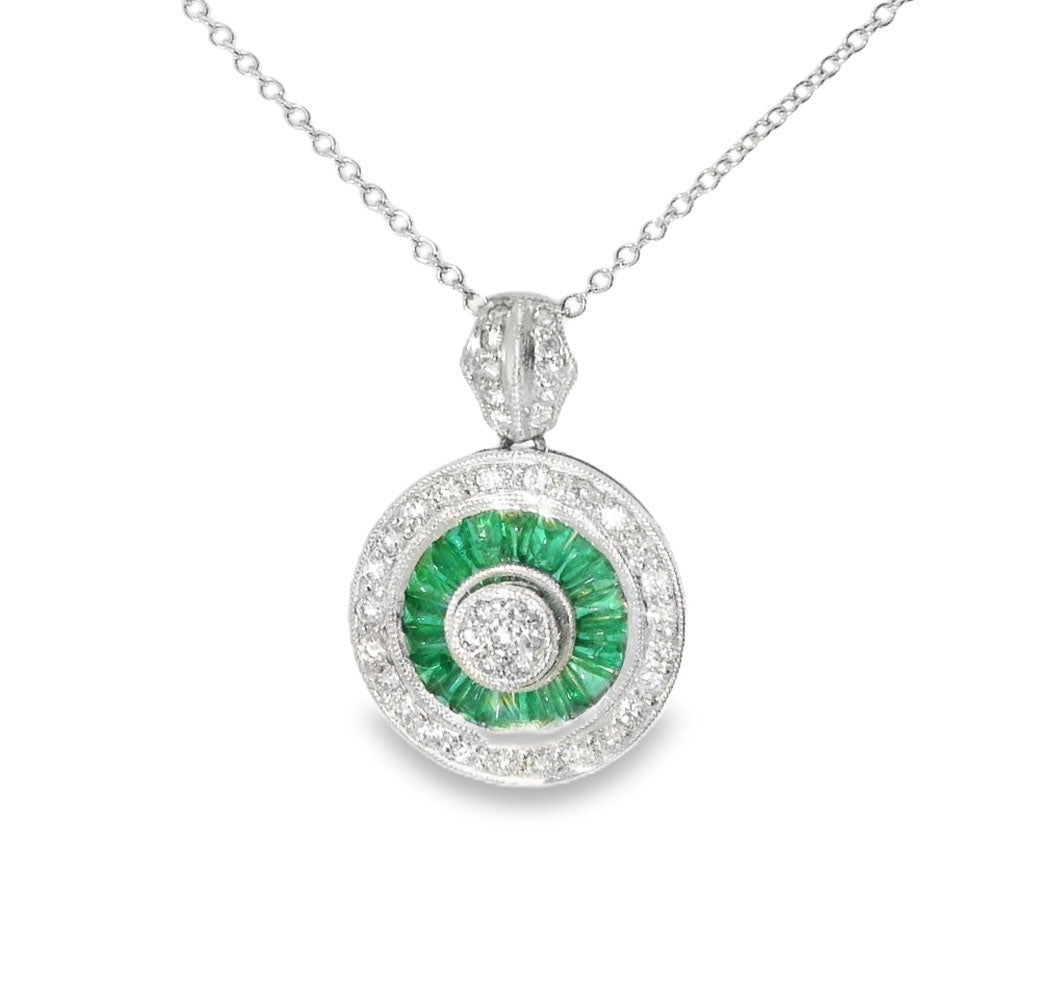 Stunning 18K White Gold Diamond Baguette Emerald Designer Pendant Necklace