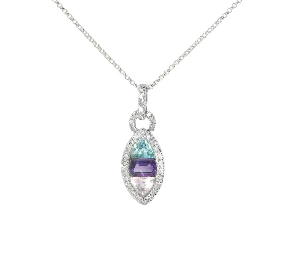 Beautiful Estate 14K White Gold Amethyst Topaz Sapphire Diamond Necklace Pendant