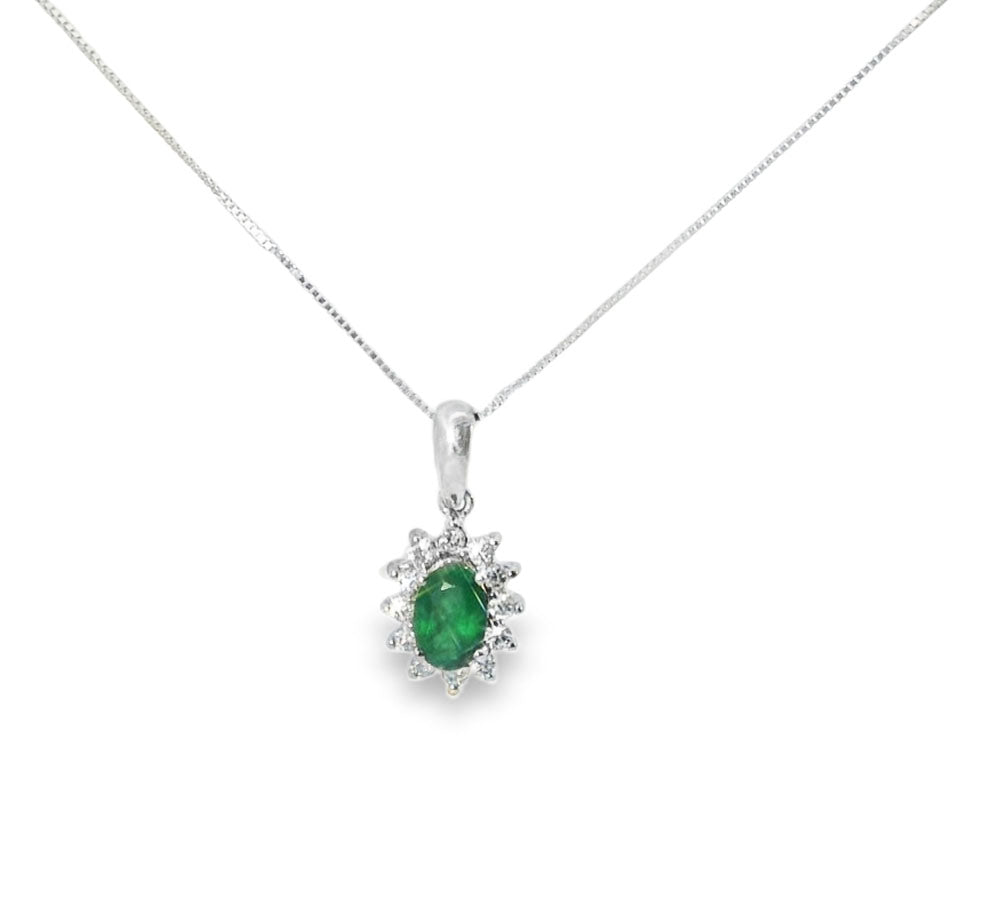 Beautiful 14K White Gold Oval Natural Emerald Diamond Drop Pendant Necklace