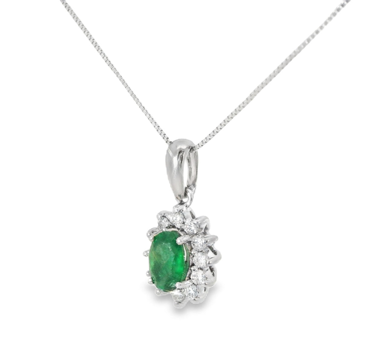 Beautiful 14K White Gold Oval Natural Emerald Diamond Drop Pendant Necklace