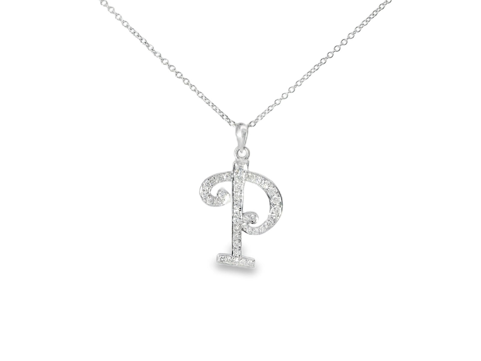 Stunning Modern 18K White Gold Diamond "P" Initial Pendant Slide Necklace
