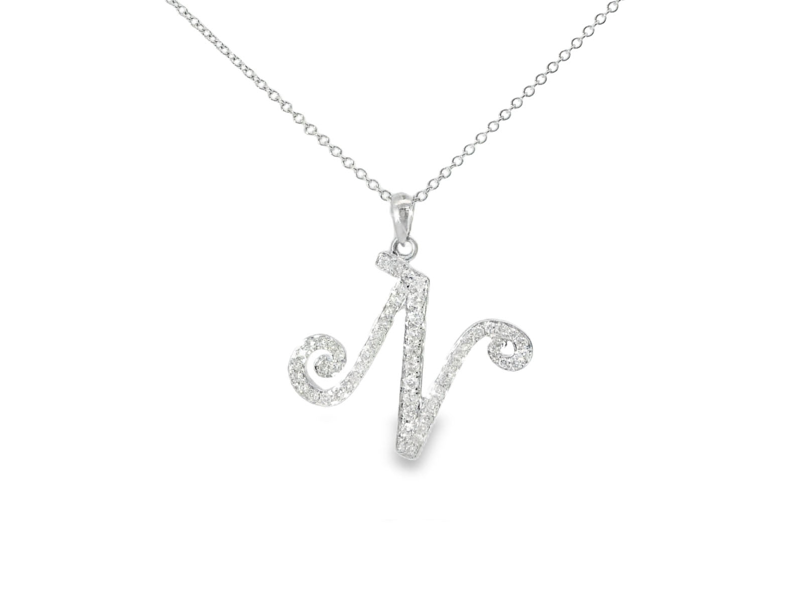 Stunning Modern 18K White Gold Diamond "N" Initial Pendant Slide Necklace