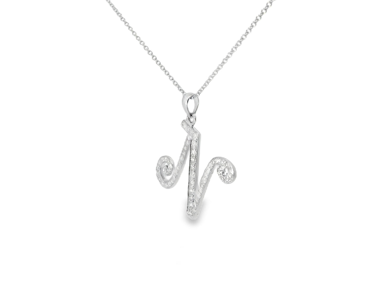 Stunning Modern 18K White Gold Diamond "N" Initial Pendant Slide Necklace