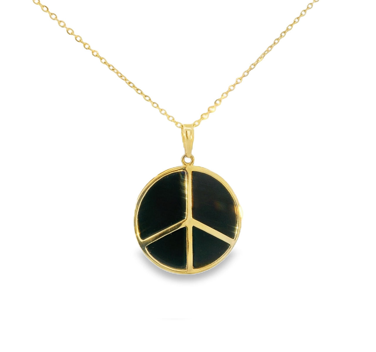 Beautiful Modern 14K Yellow Gold Black Onyx Peace Sign Pendant Slide