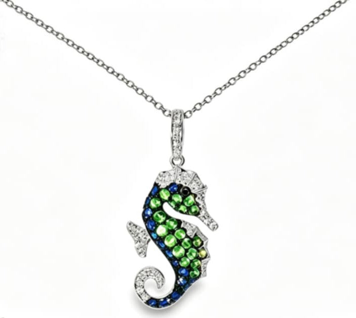 14K White Gold Seahorse Tsavorite Sapphire Pendant Estate by EFFY