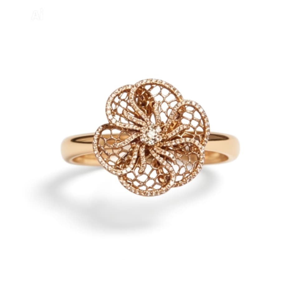 14K White Pink Rose Gold Diamond Filigree Floral Beehive Ring Estate