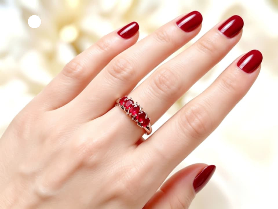 14K White Gold Ruby 5 Stone Diamond Band Estate Ring