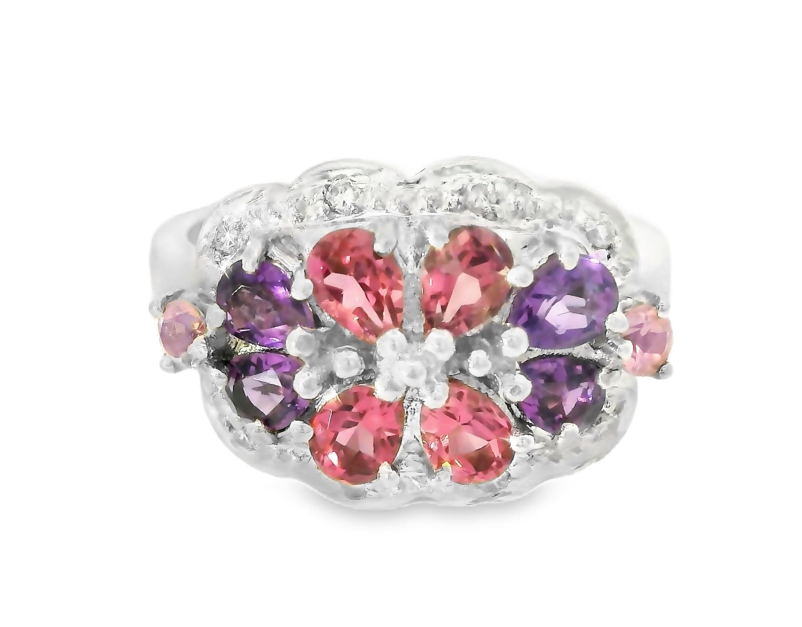 Stunning Estate 14K White Gold Diamond Tourmaline Amethyst Floral Ring Band - GGEMSonline