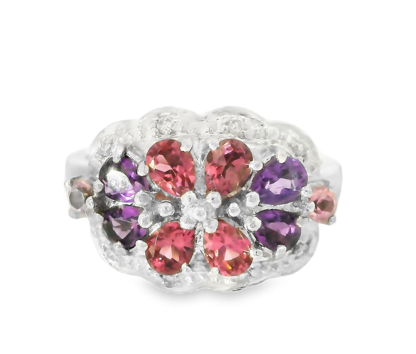 Stunning Estate 14K White Gold Diamond Tourmaline Amethyst Floral Ring Band - GGEMSonline