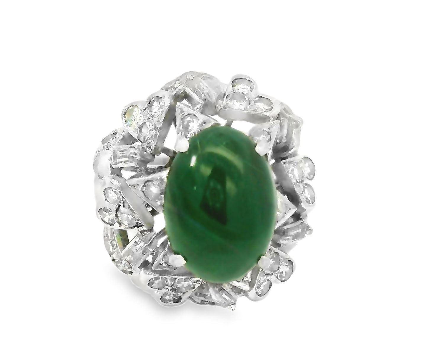 Gorgeous Estate 14K White Gold Baguette Diamond Jade Ring - GGEMSonline