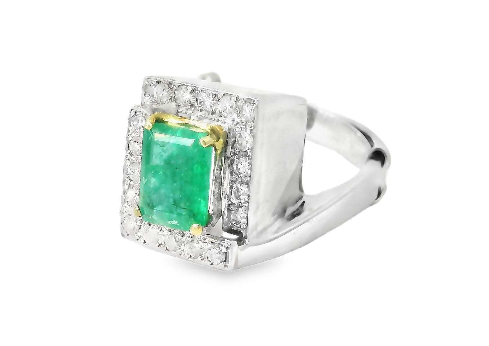 Stunning Estate 14K White Gold Emerald Diamond Designer Ring - GGEMSonline