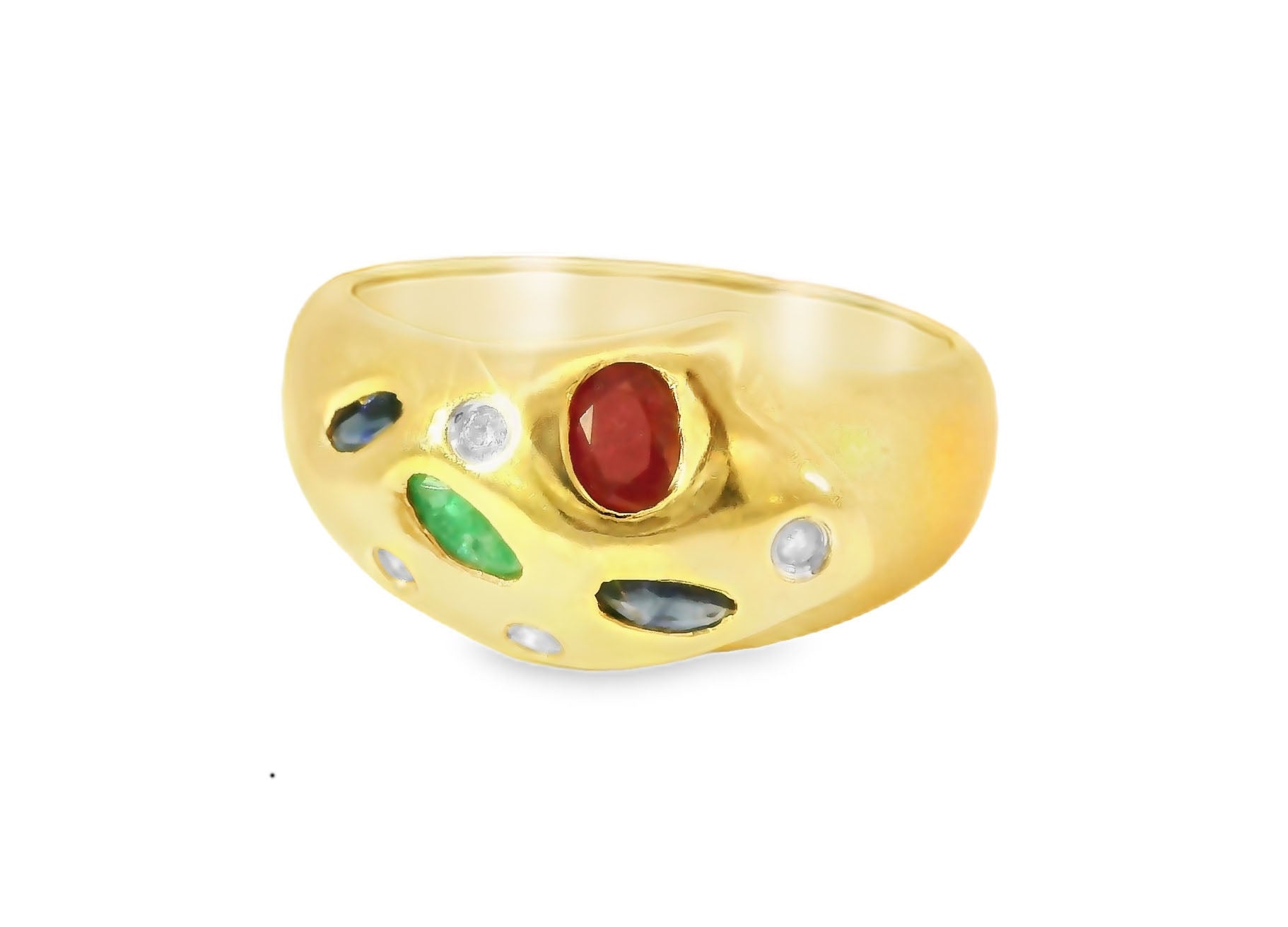 Beautiful Estate 14K Yellow Gold Diamond Emerald Sapphire Ruby Ring Band - GGEMSonline
