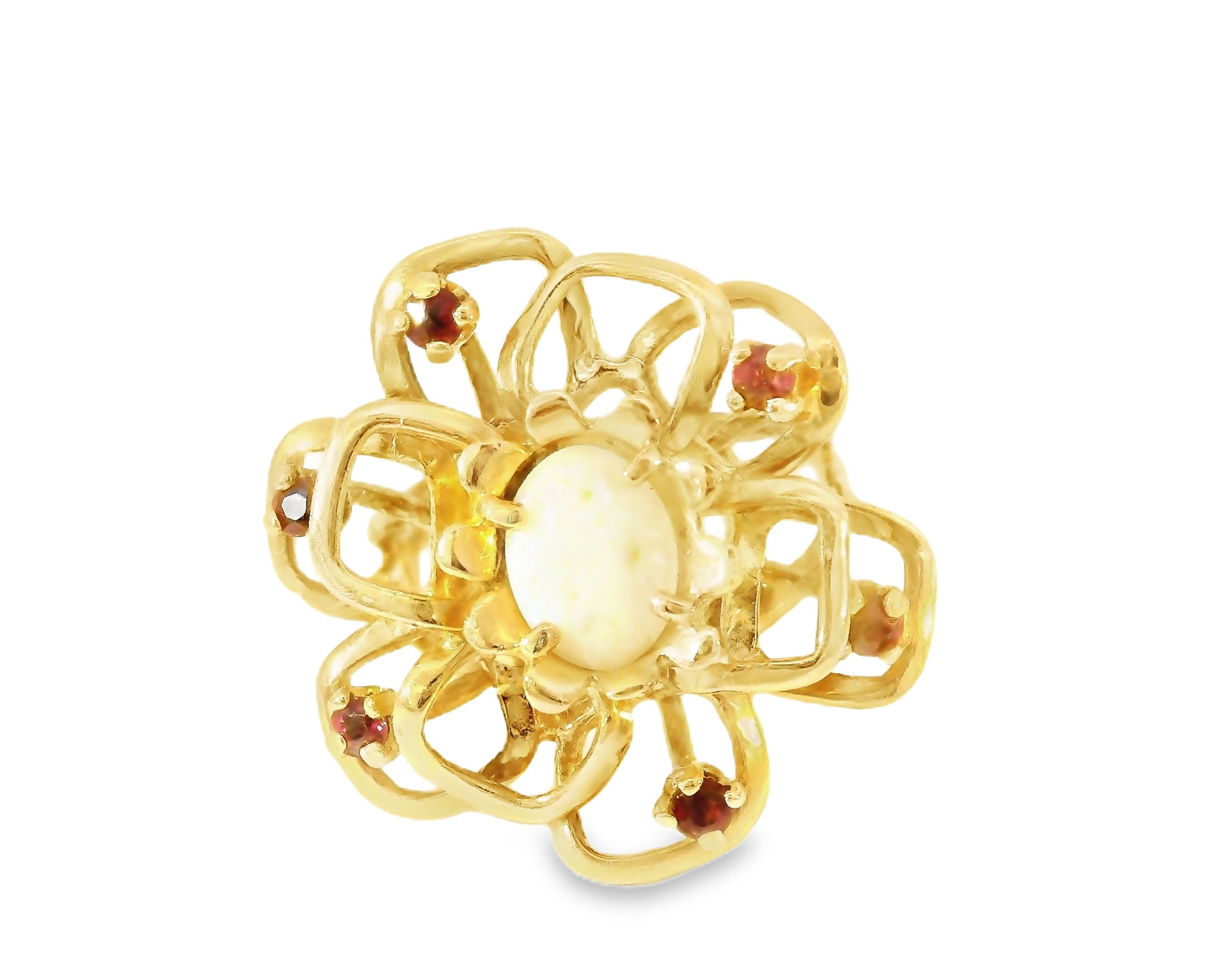 Magnificent Estate 14K Yellow Gold Filigree Ruby Opal Flower Floral Ring - GGEMSonline