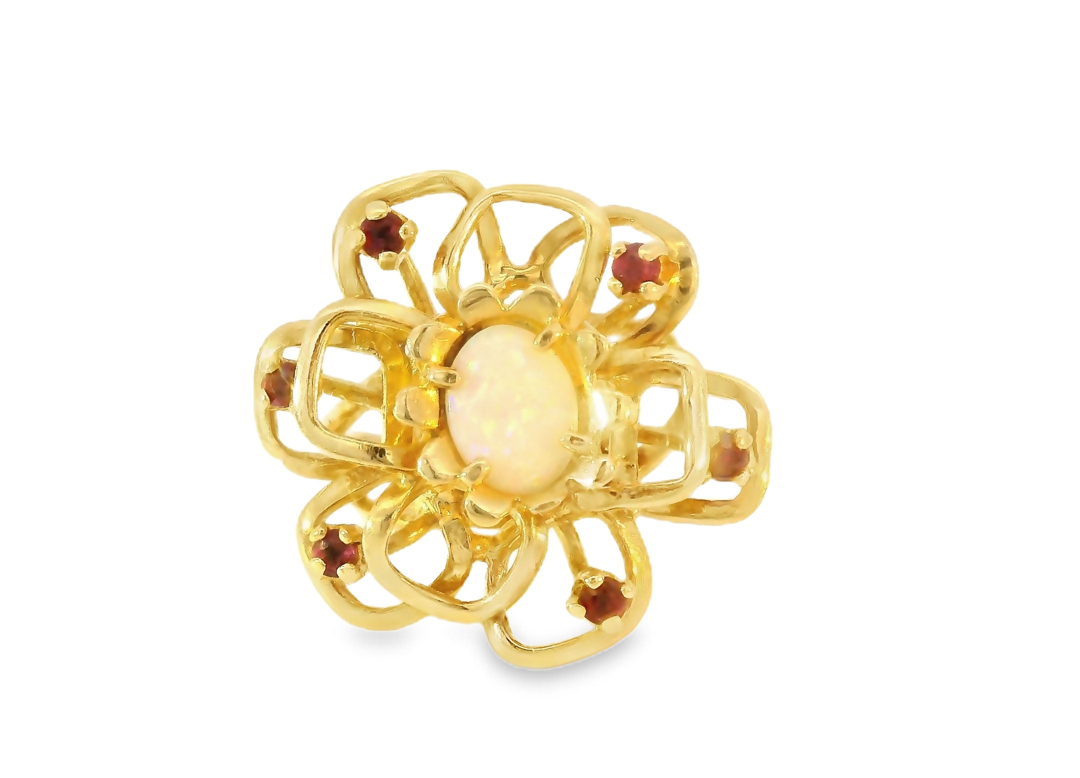 Magnificent Estate 14K Yellow Gold Filigree Ruby Opal Flower Floral Ring - GGEMSonline