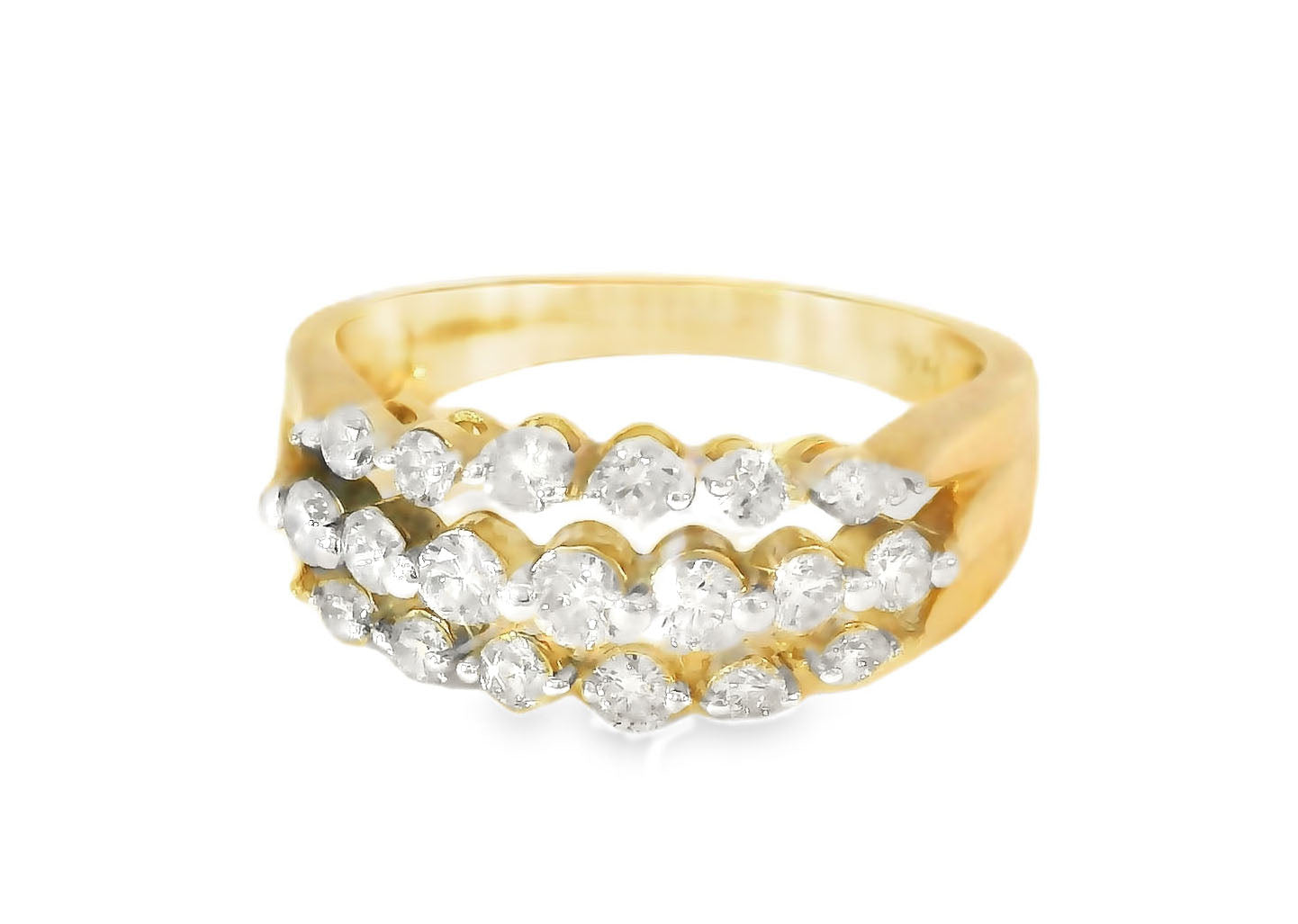 Stunning 14K Yellow Gold 3-Row Diamond Wedding Band Ring - GGEMSonline