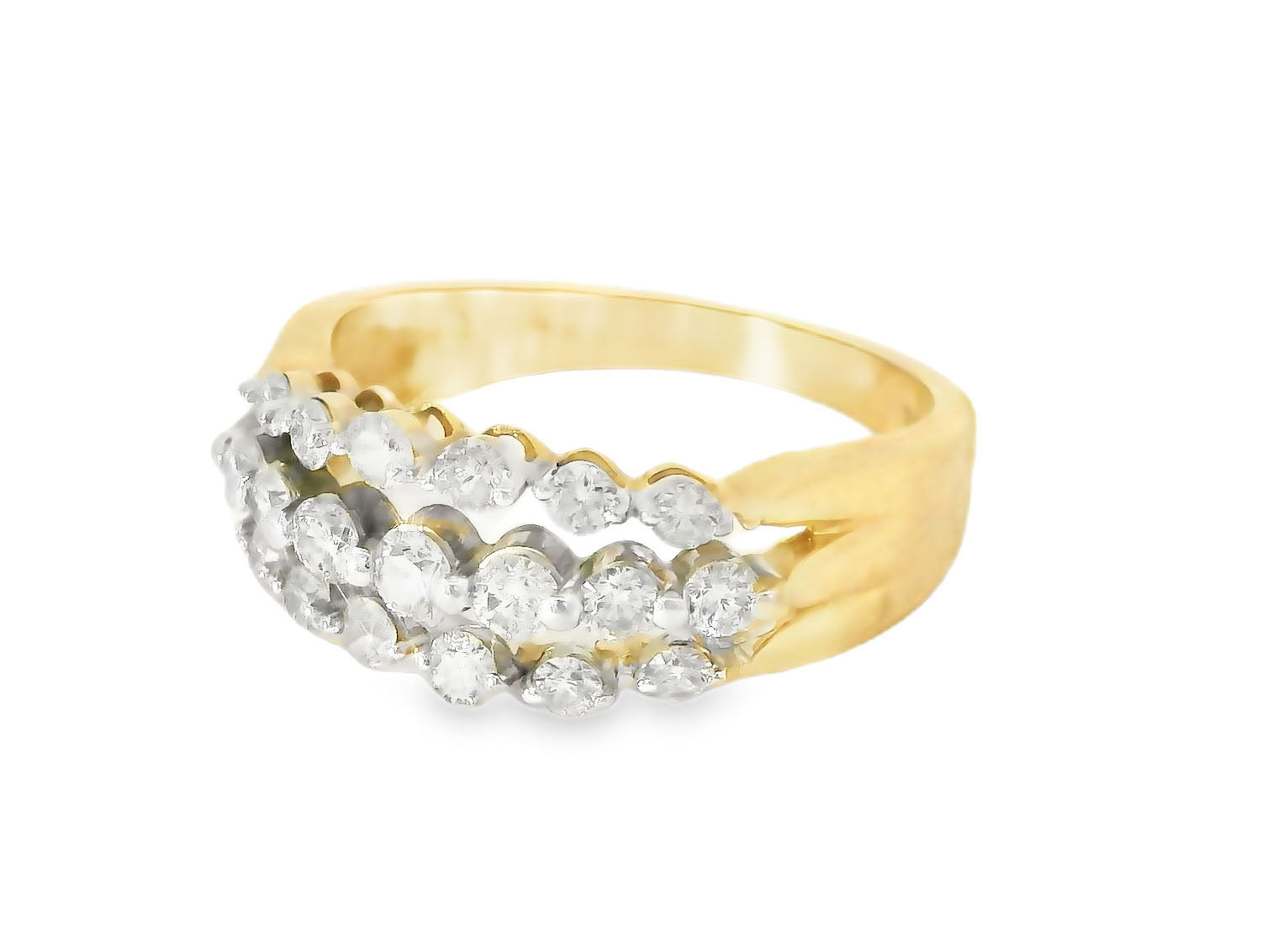 Stunning 14K Yellow Gold 3-Row Diamond Wedding Band Ring - GGEMSonline