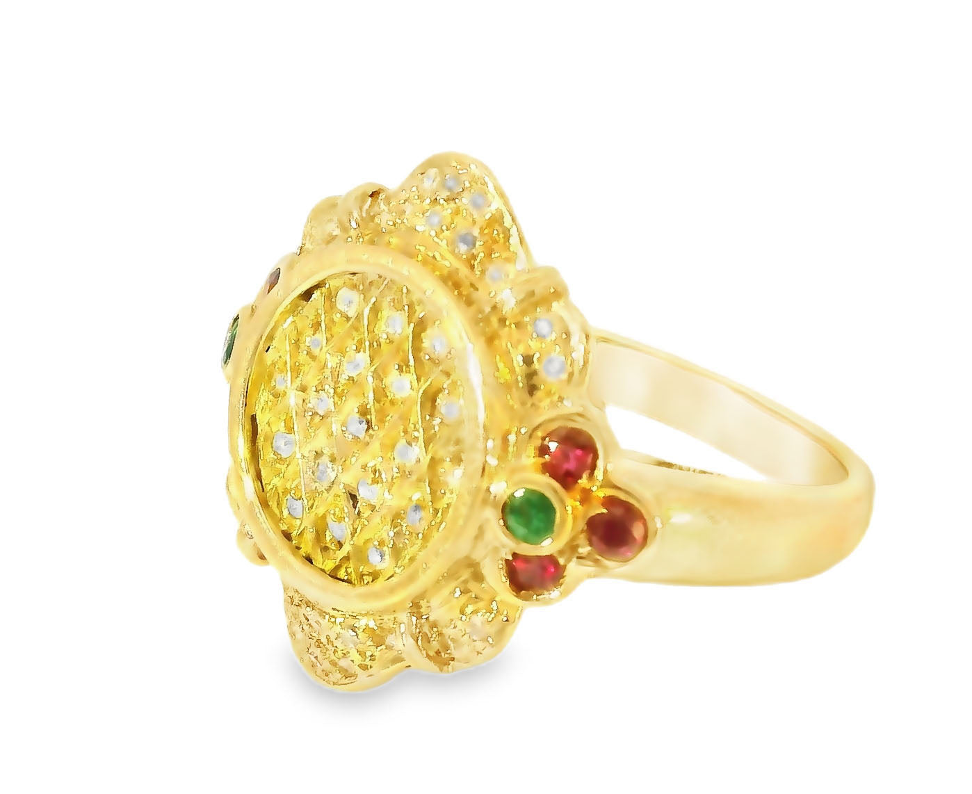 Gorgeous Etruscan Estate 14K Yellow Gold Pave Diamond Ruby Emerald Ring - GGEMSonline