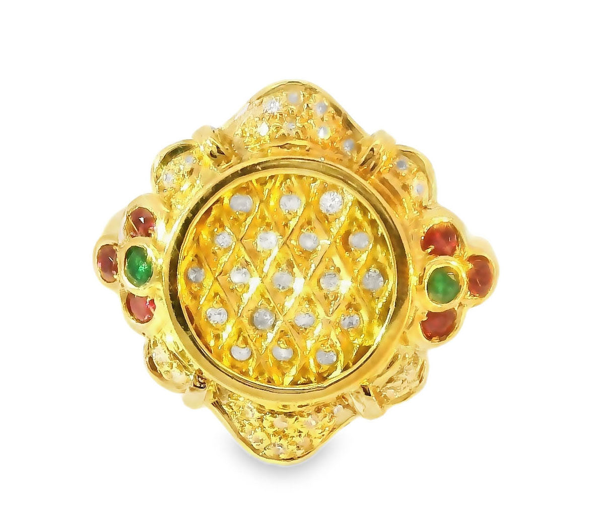 Gorgeous Etruscan Estate 14K Yellow Gold Pave Diamond Ruby Emerald Ring - GGEMSonline