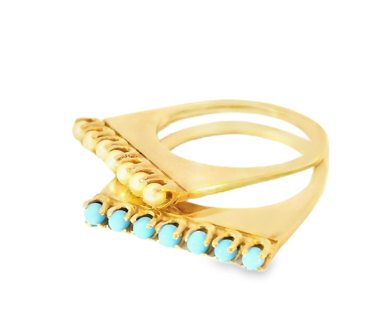 Modern Estate 14K Yellow Gold Turquoise Seed Pearl Dual Ring Band - GGEMSonline
