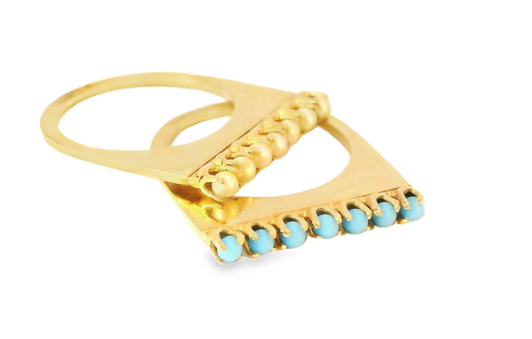 Modern Estate 14K Yellow Gold Turquoise Seed Pearl Dual Ring Band - GGEMSonline