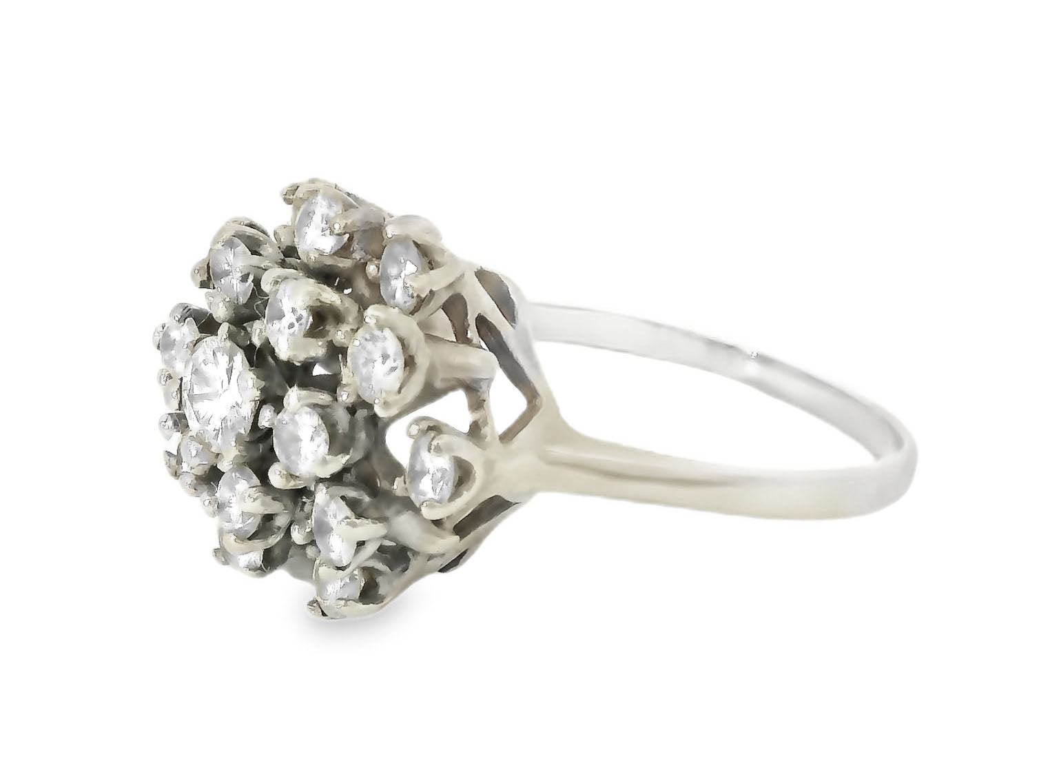 Vintage Estate 14K White Gold Diamond Filigree Round Cocktail Floral Ring - GGEMSonline