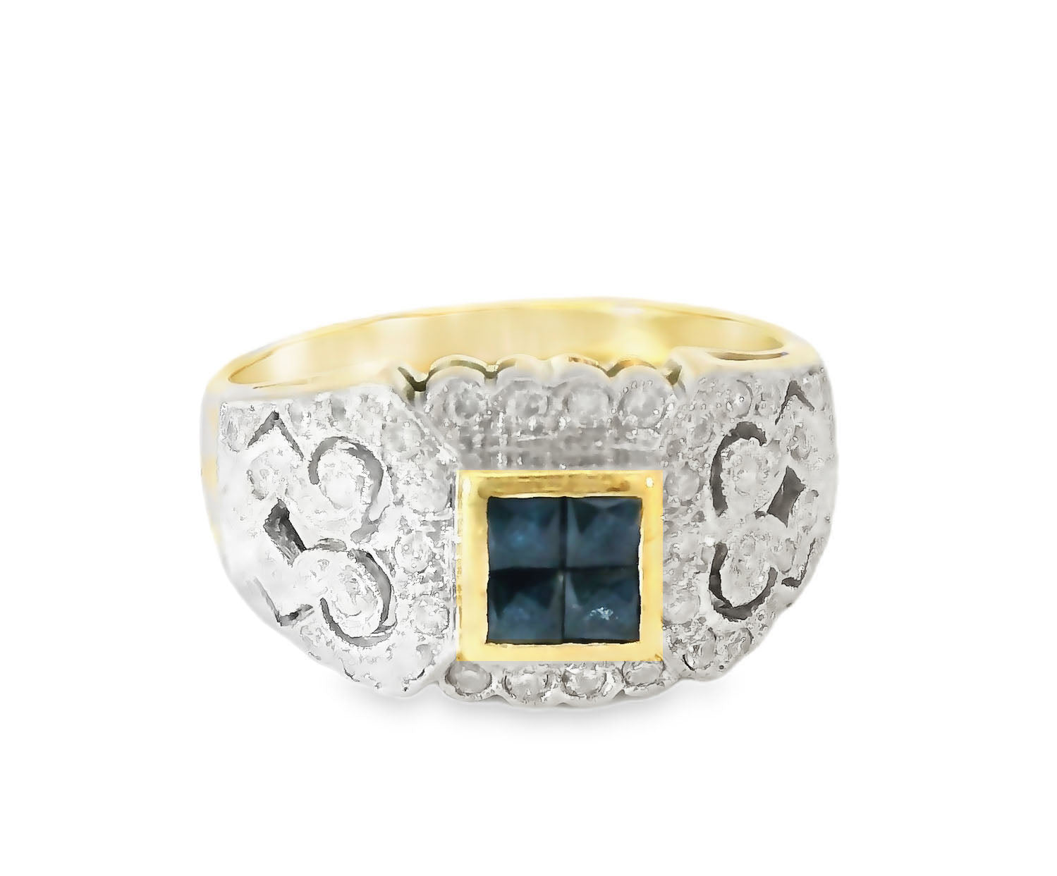 Fabulous Antique 14K Yellow Gold Sapphire Diamond Filigree Cluster Band Ring - GGEMSonline
