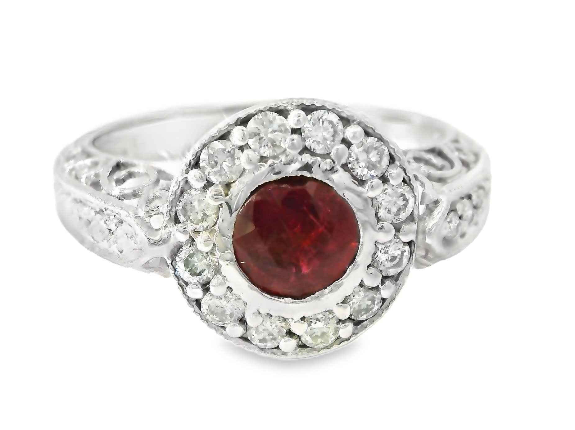 Stunning Estate 18K White Gold Ruby Diamond Engagement Ring - GGEMSonline