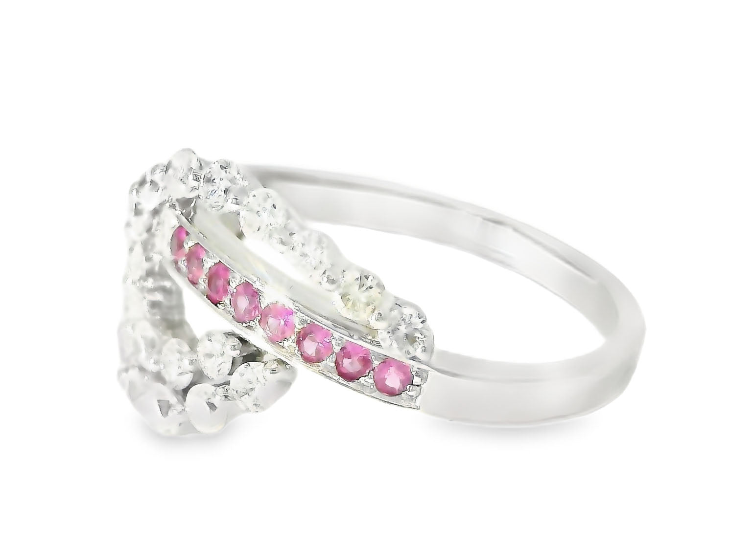 Stunning Estate 14K White Gold Diamond Pink Sapphire Swirl Designer Band Ring - GGEMSonline