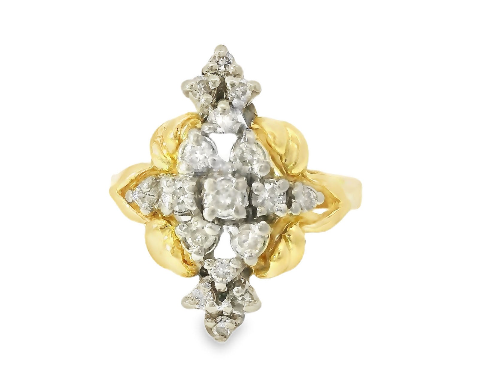 Gorgeous Antique Estate 14K Yellow Gold Filigree Diamond Marquise Cocktail Ring - GGEMSonline