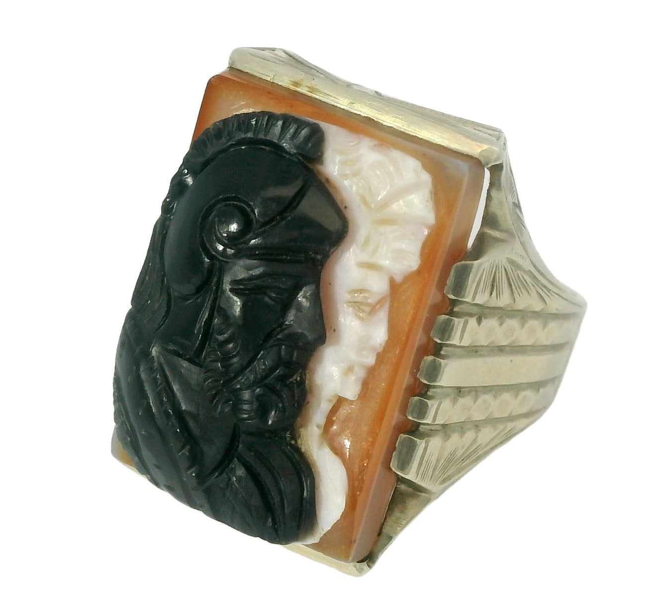 Handsome Estate 10K White Gold Onyx Zeus Pallas Athena Mens Band Ring - GGEMSonline