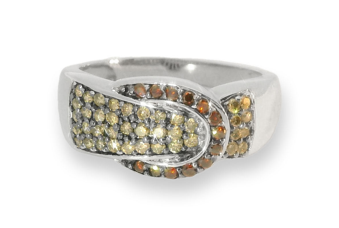 Wonderful Estate 14K White Gold Garnet Champagne Diamond Belt Buckle Band Ring - GGEMSonline