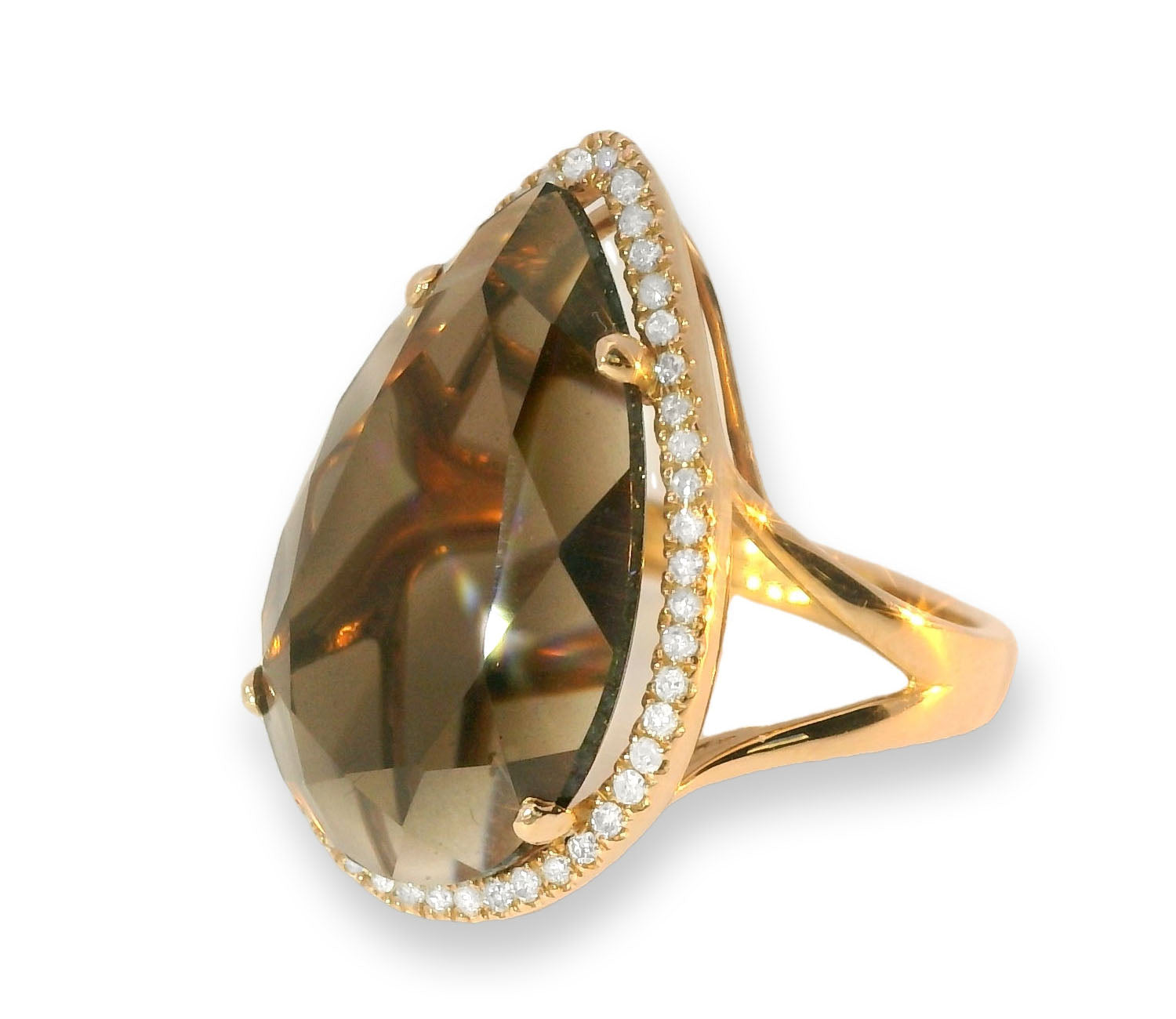 Magnificent 14K Pink Rose Gold Smokey Topaz Brown Quartz MicroPave Diamond Ring - GGEMSonline