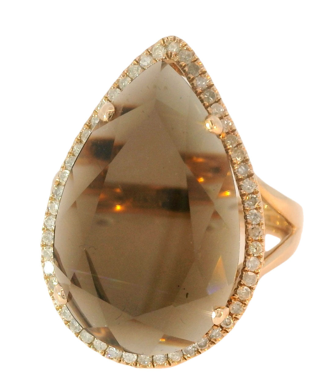 Magnificent 14K Pink Rose Gold Smokey Topaz Brown Quartz MicroPave Diamond Ring
