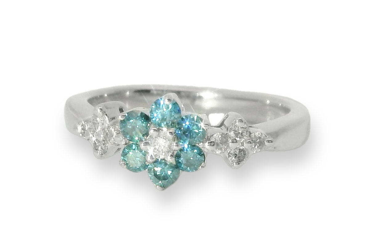 Wonderful Estate 14K White Gold Blue Diamond Floral Band Ring - GGEMSonline