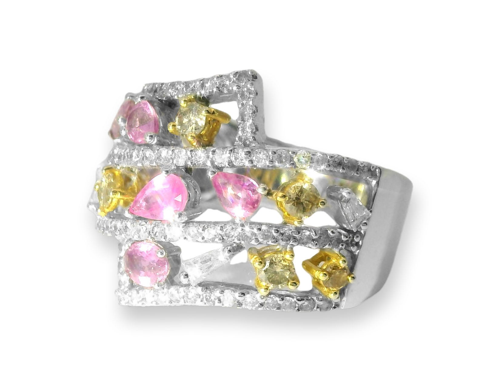 Stunning Estate 14K White Gold Diamond Multi-Color Sapphire Band Ring - GGEMSonline