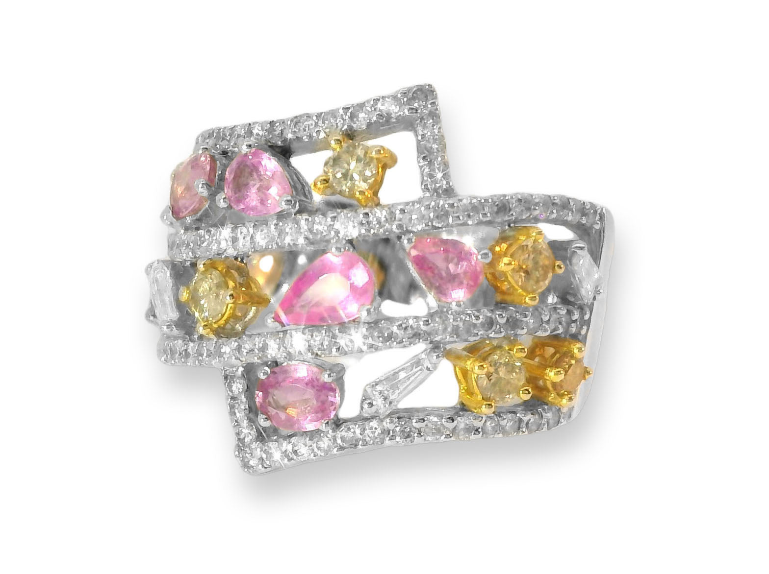 Stunning Estate 14K White Gold Diamond Multi-Color Sapphire Band Ring - GGEMSonline