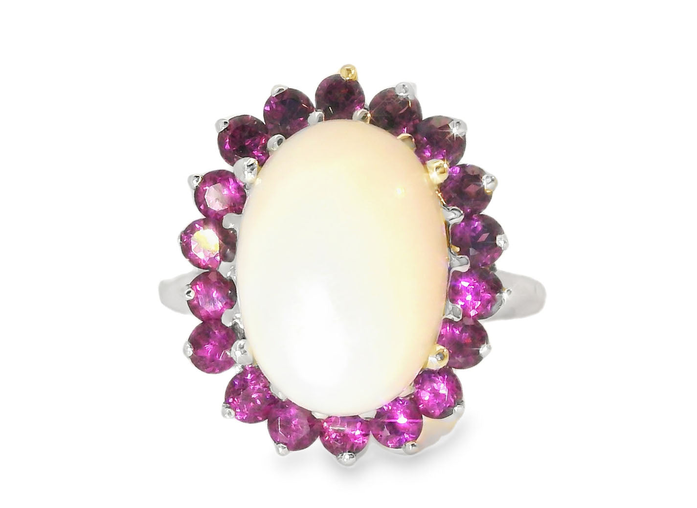Gorgeous Estate 14K White Gold Huge Opal Rhodolite Garnet Filigree Ring - GGEMSonline