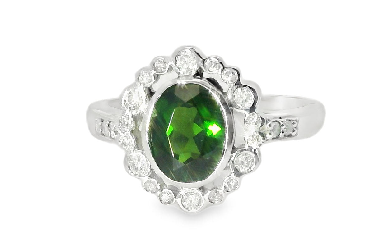 Gorgeous Estate 14K White Gold Green Tourmaline Diamond Ring - GGEMSonline