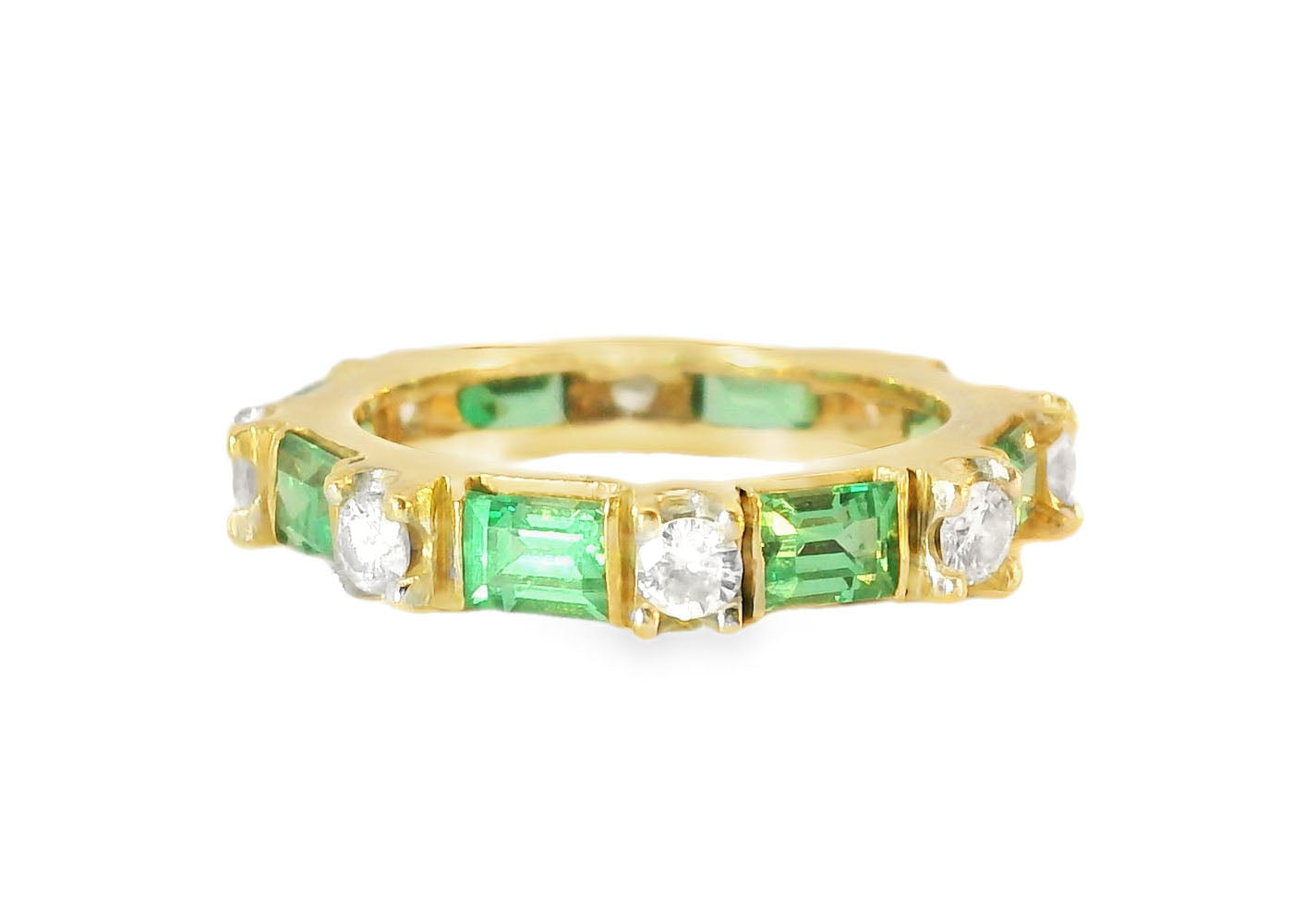 Stunning Estate 14K Yellow Gold Diamond Emerald Eternity Wedding Ring Band - GGEMSonline