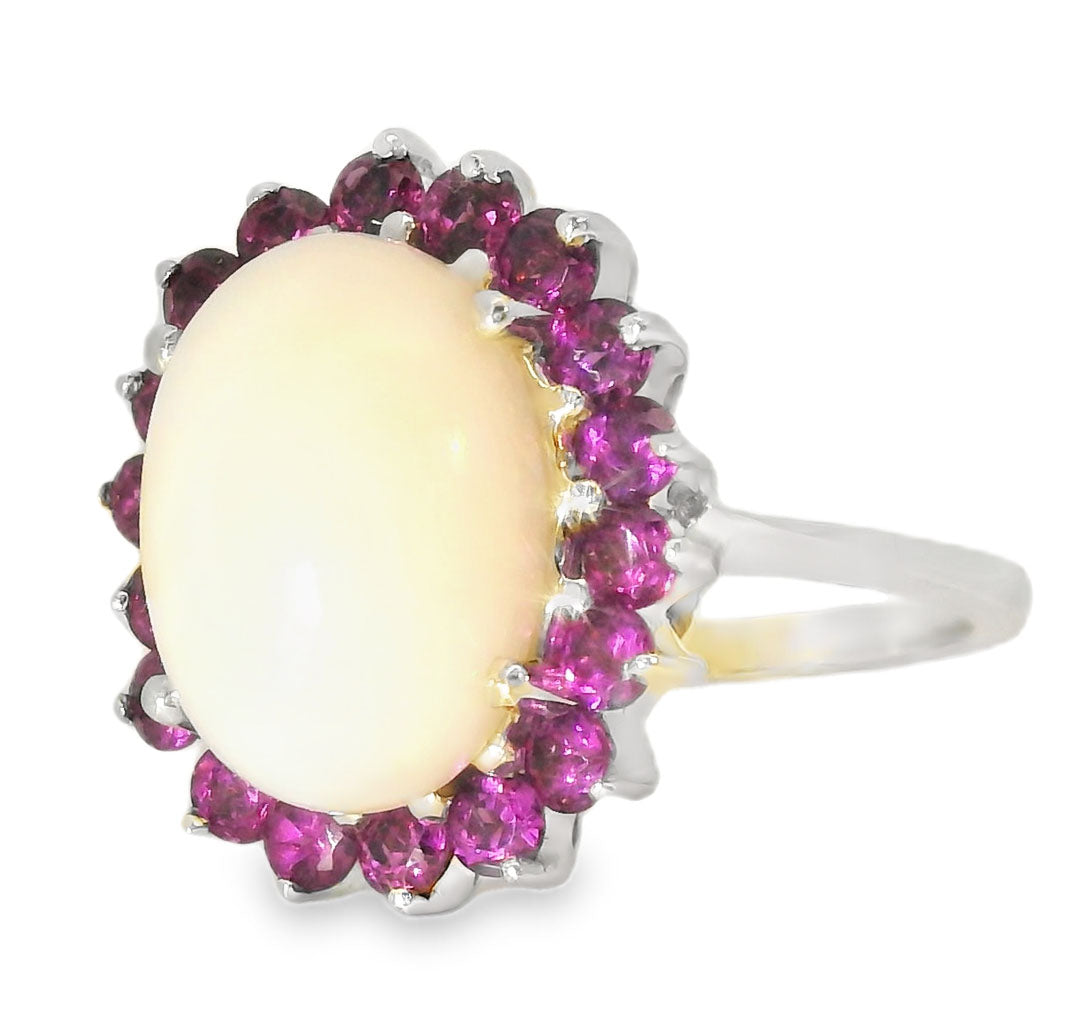 Gorgeous Estate 14K White Gold Huge Opal Rhodolite Garnet Filigree Ring - GGEMSonline