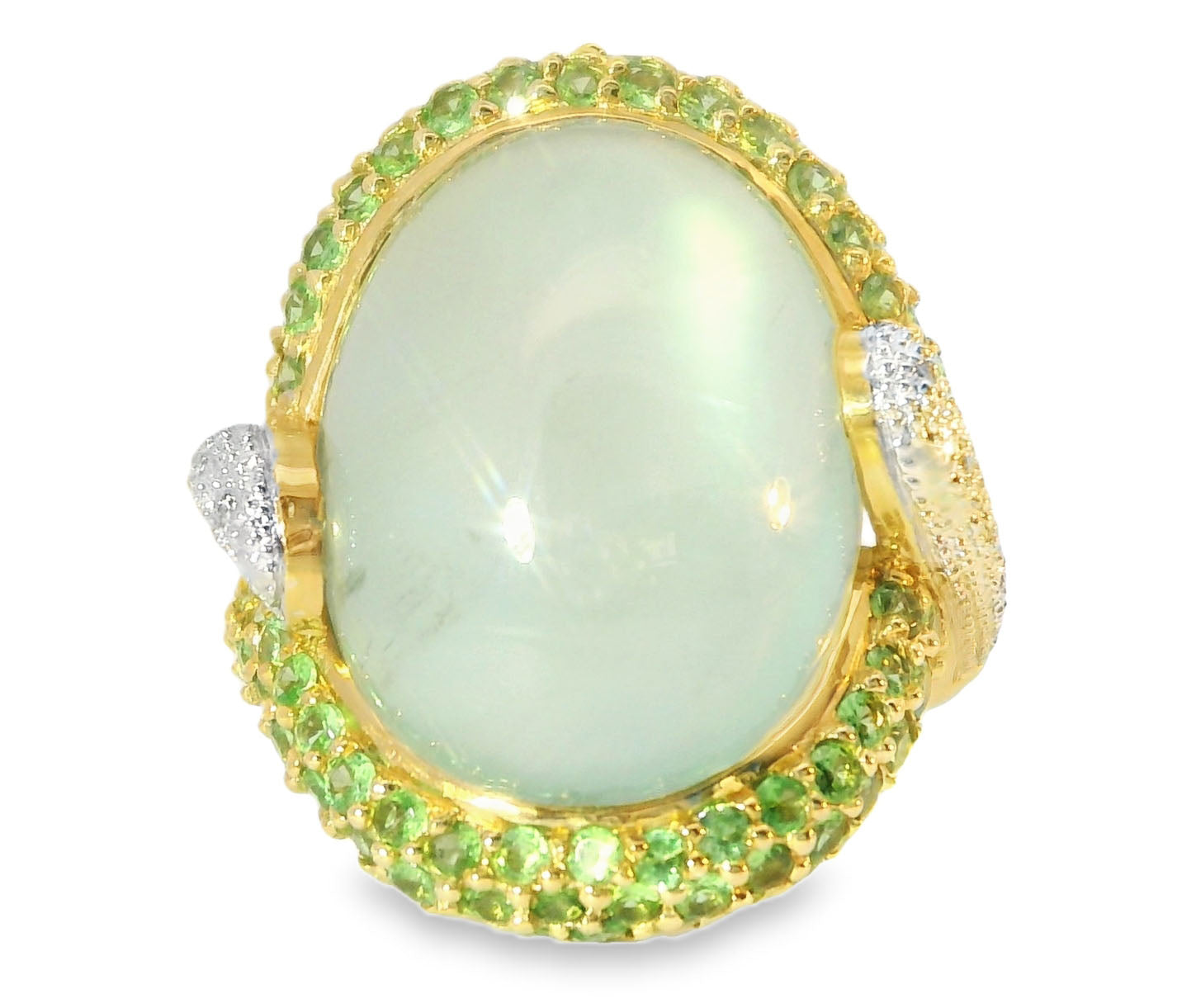 Beautiful Estate 14K Gold Cabochon Green Amethyst Tsavorite Pave Diamond Ring - GGEMSonline