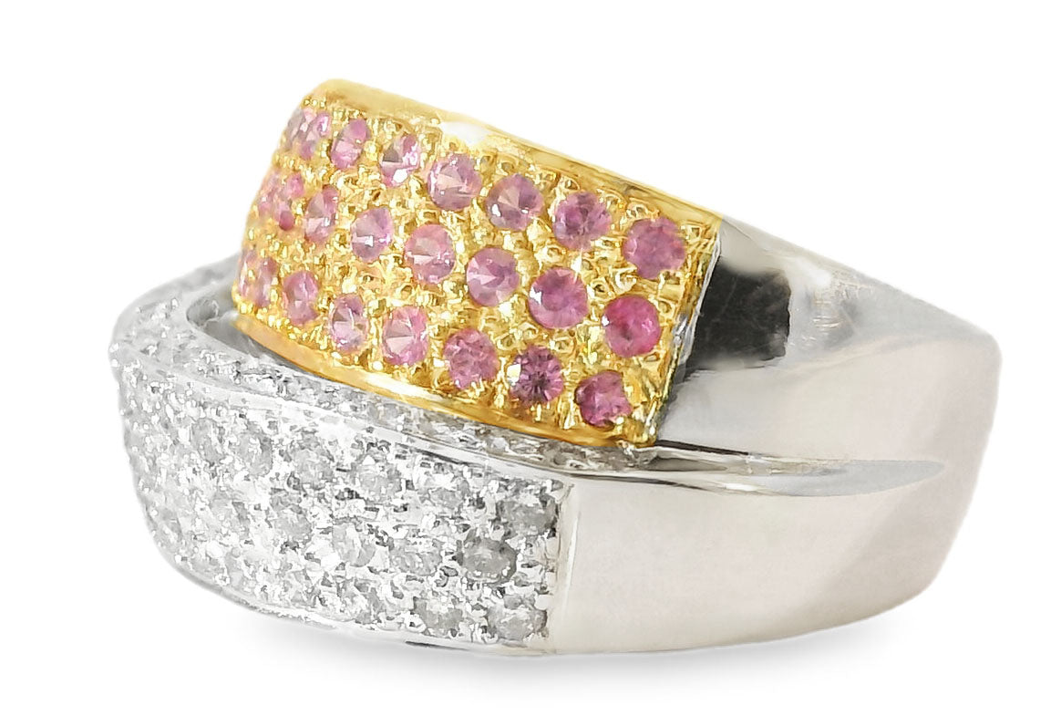 Magnificent Estate 18K White Gold Pink Sapphire Pave Diamond Swirl Band Ring - GGEMSonline