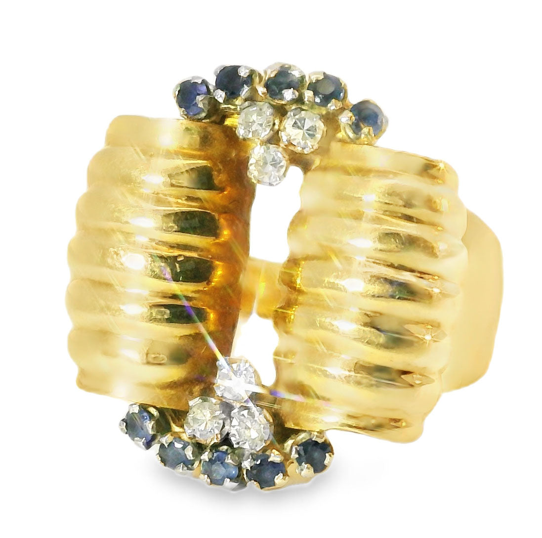 Antique Estate 18K Yellow Gold Diamond Sapphire Designer Handmade Ring - GGEMSonline