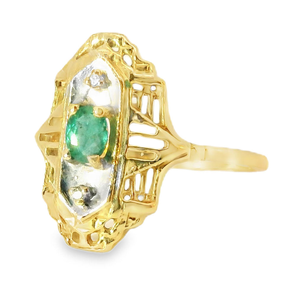 Antique Estate 14K Yellow Gold Emerald Diamond Filigree Ring - GGEMSonline