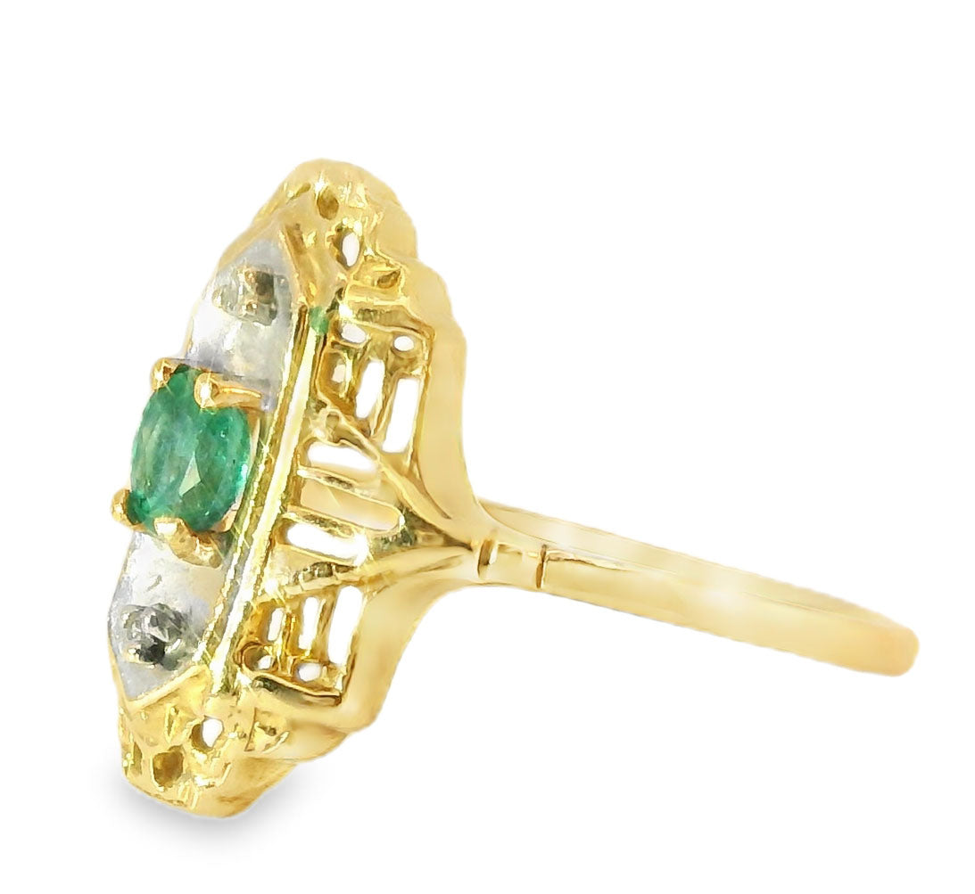 Antique Estate 14K Yellow Gold Emerald Diamond Filigree Ring - GGEMSonline