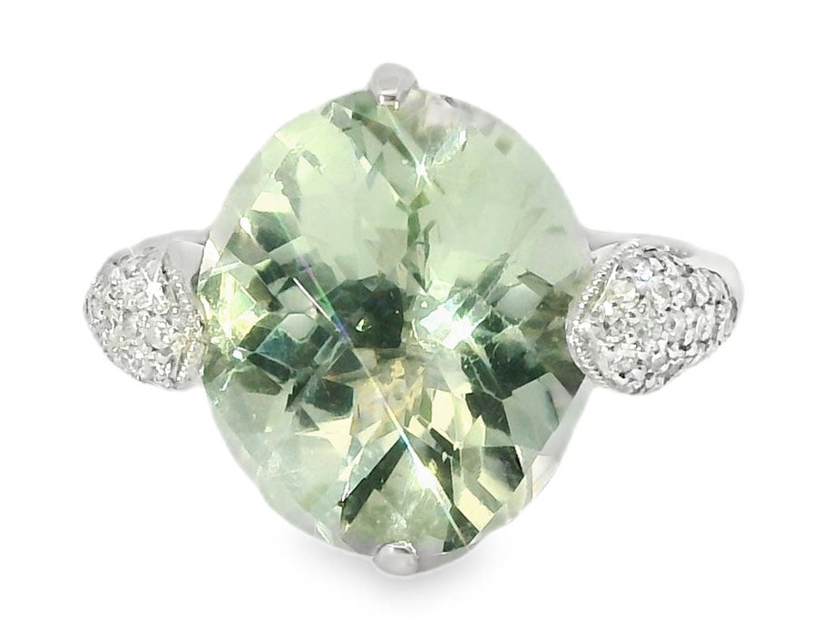 Unique Estate 14K White Gold Green Amethyst Pave Diamond Ring - GGEMSonline